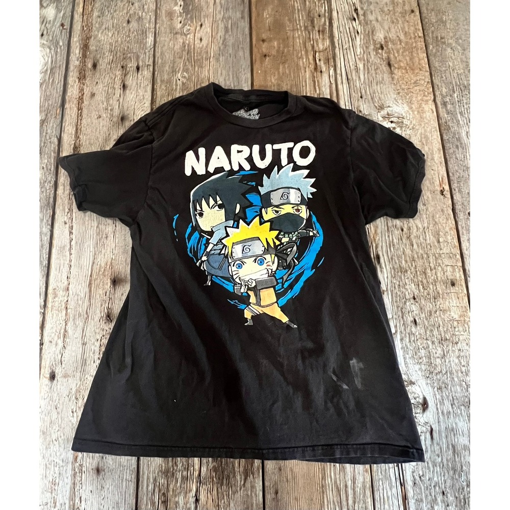 Naruto Shippuden Graphic T-Shirt‎ Black Chibi Sasuke Kakashi Anime Tee Medium